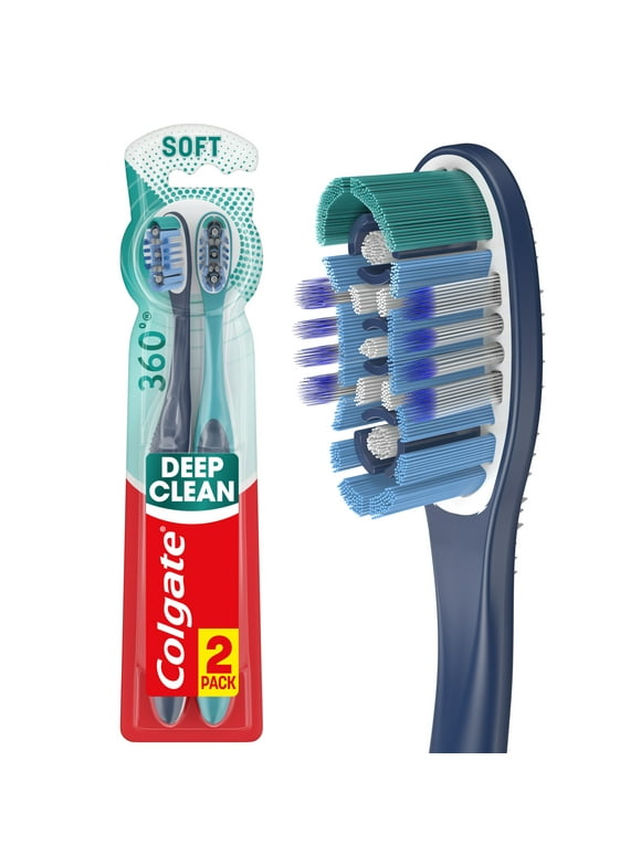 Colgate 360 Whole Mouth Clean Soft Bristle Toothbrush, Adult Toothbrush, 2 Pack