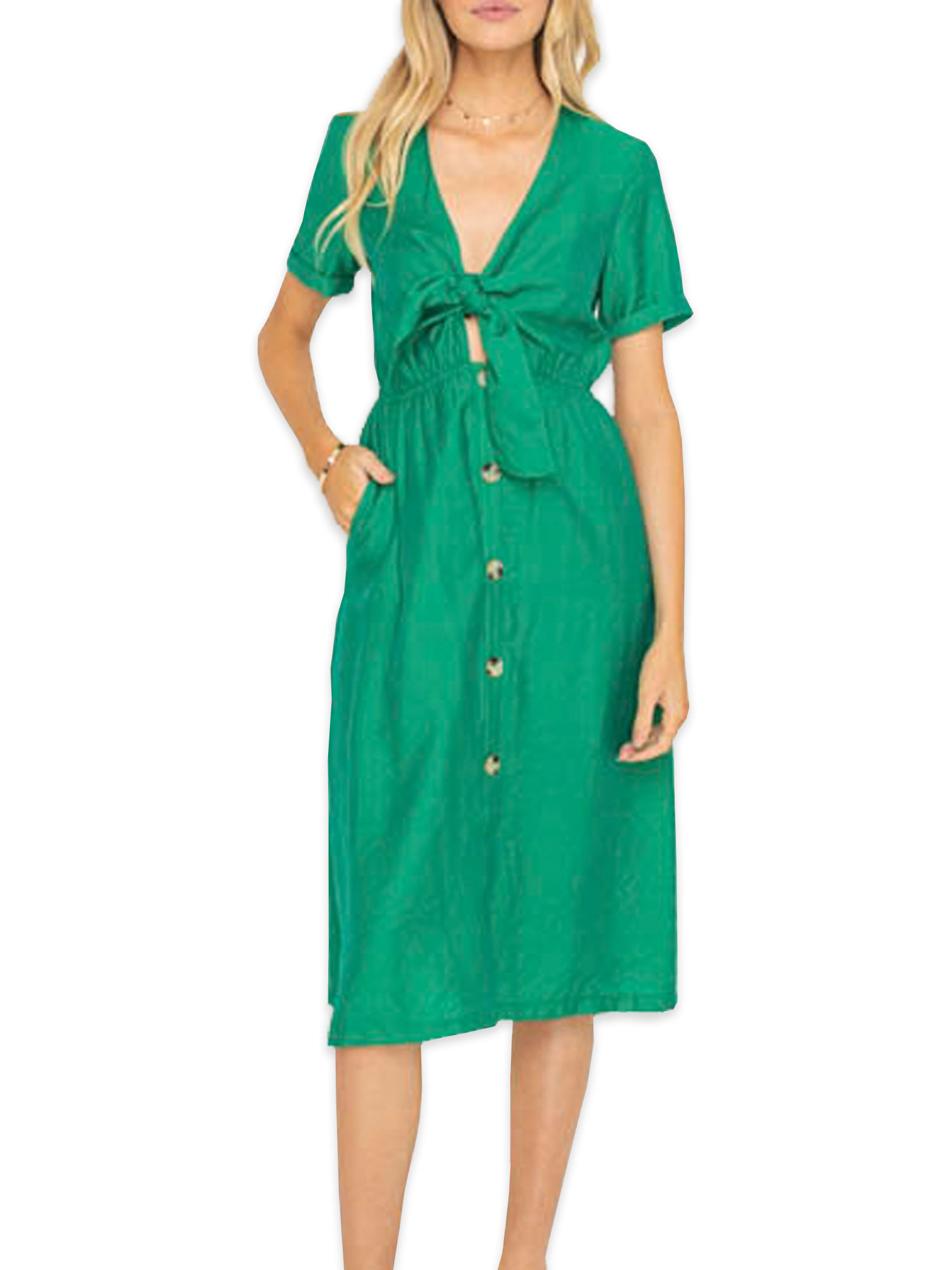 short sleeve button front midi dress