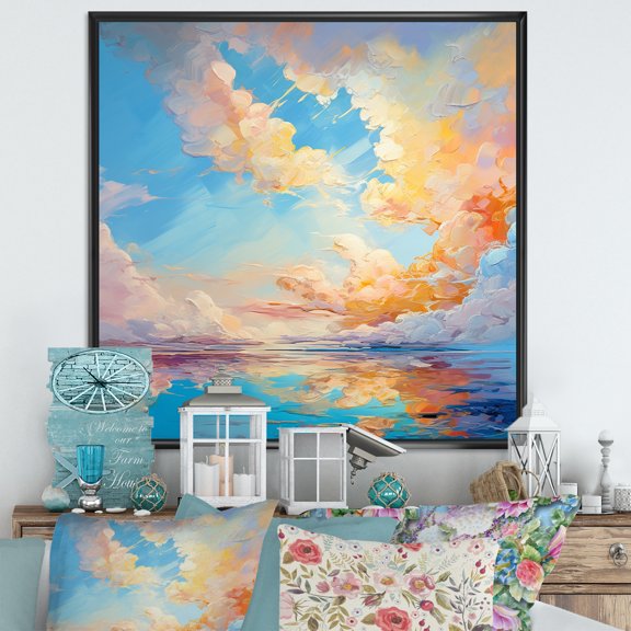 Designart "Bright Aqua Clouds Fluid Art" Clouds Floater Framed Wall Decor