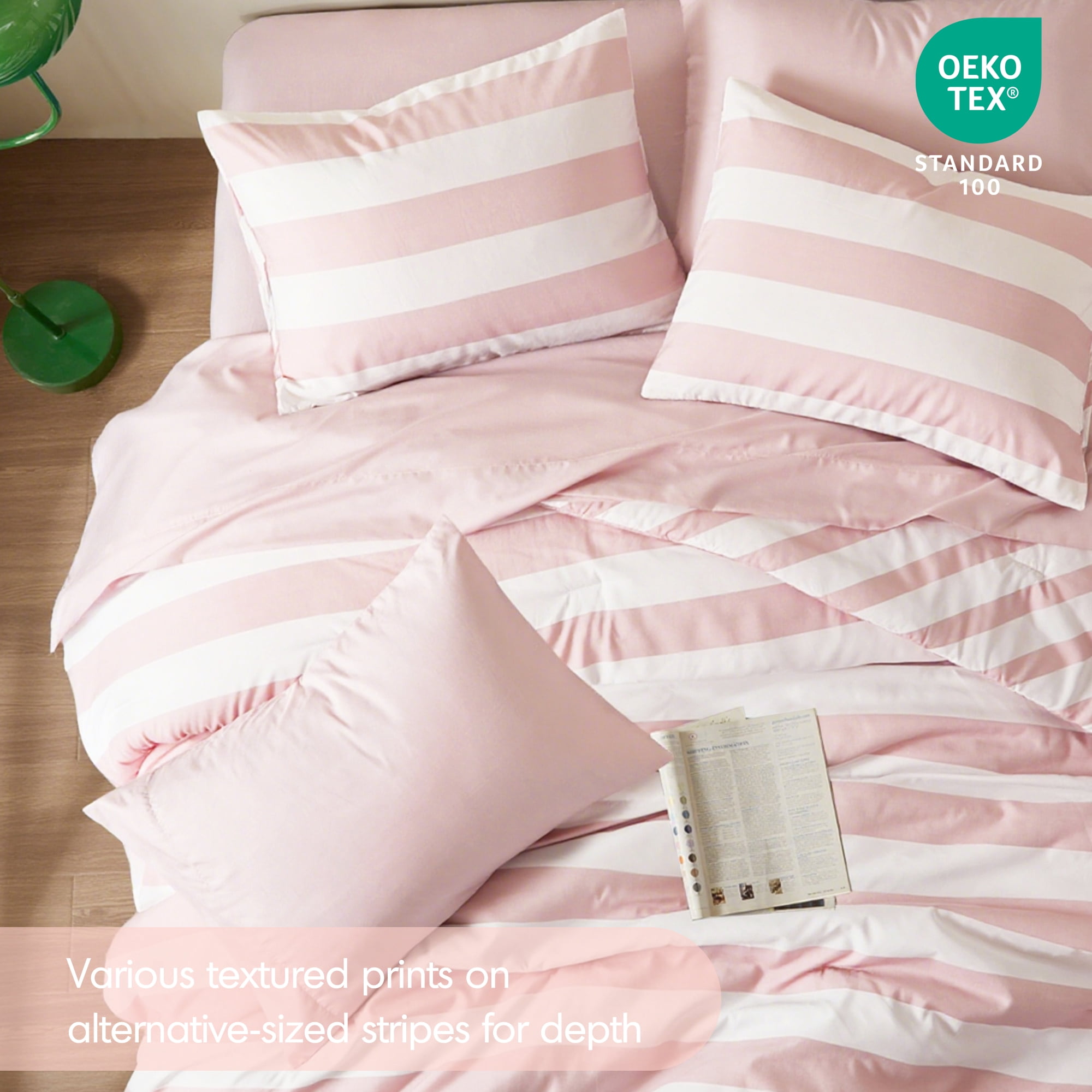 Regency Heights Essential Full/Queen Size Comforter Sets, 3-Piece Bedding Set Full/Queen, Reversible Striped Comforter Bed Set, Blush