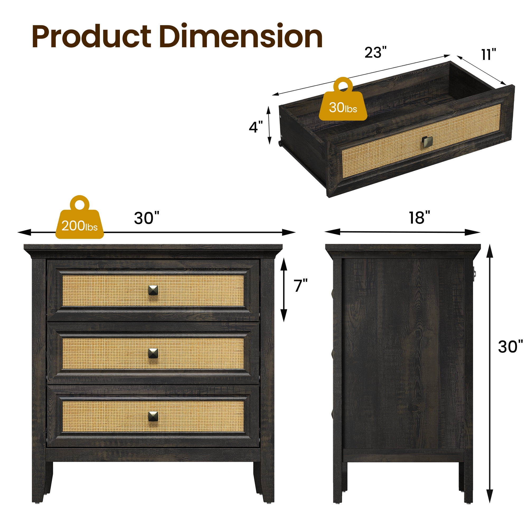 3 Drawer Dresser Rattan Dresser Wood Chest of Drawers Farmhouse Closet Dressers Modern Bedside Table Rustic Nightstand Storage Cabinet for Bedroom, Hallway, Living Room