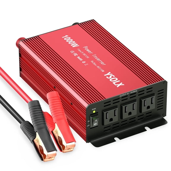 YSOLX 1000W Power Inverter Adapter 12v to 110v, DC to AC Converter with 3 AC Outlets for Vehicles