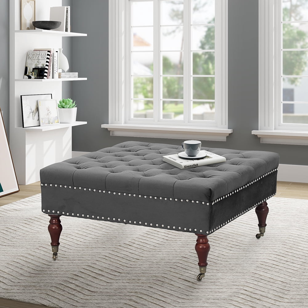 Abble 34in Square Dark Gray Tufted Upholstered Indoor Cocktail Ottoman Living Room Coffee Table with Wheels