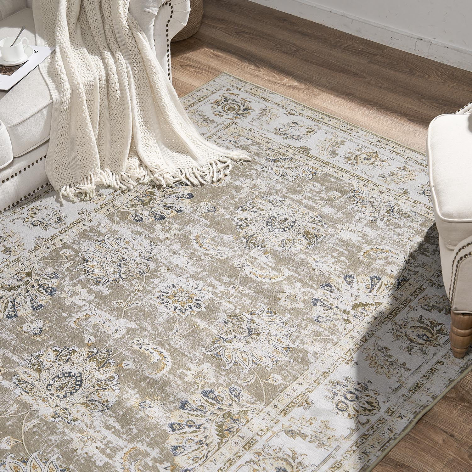 RUGKING Area Rug 2x3 Doormat for Bedroom Indoor Non-Slip Foldable Vintage Rug Floral Rug for Entryway  Taupe
