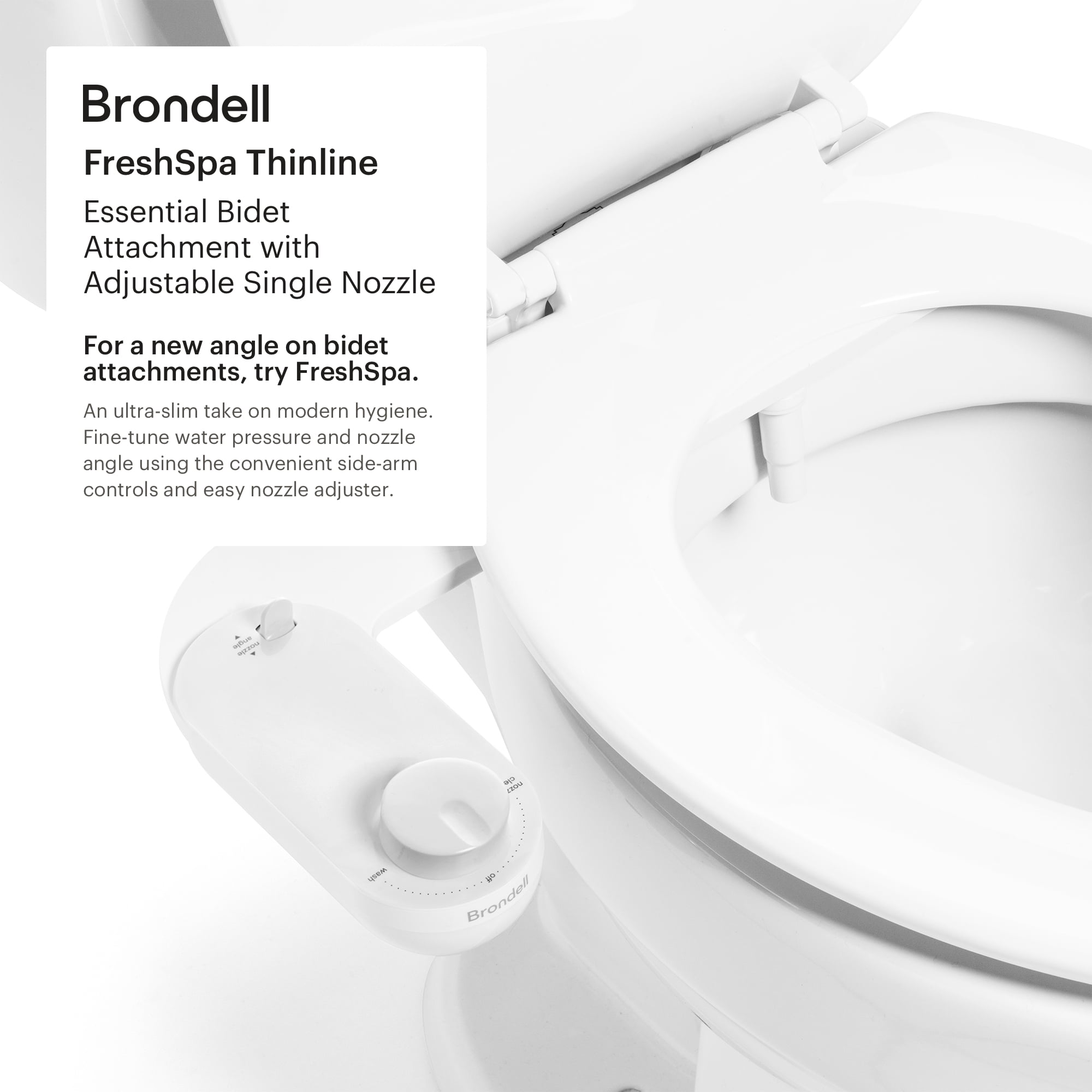 Brondell Fresh Spa Adjustable, Bidet Attachment FSA-15 for Toilet Seats with Adjustable Single Nozzle, Side Arm Control, Thin Profile, White (Ambient Temperature)