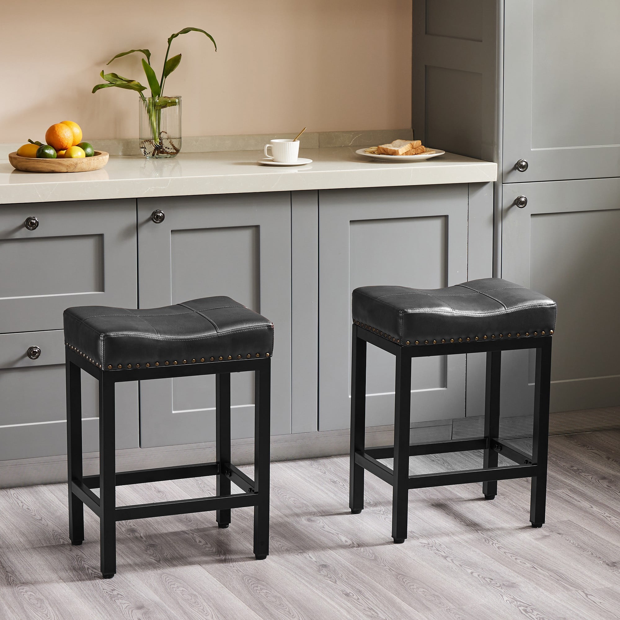 CONCETTA Set of 2 Bar Stools - 24in Counter Height, Metal Base & PU Leather Seats, Black