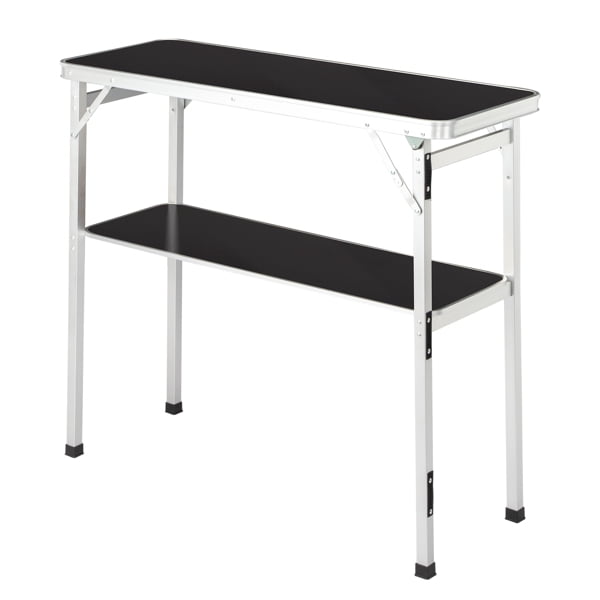 Portable Folding Bar Table with Shelf, Tradeshow Podium Table with Black Skirt and Carrying Bag, for Indoor Outdoor Party Picnic Exhibition