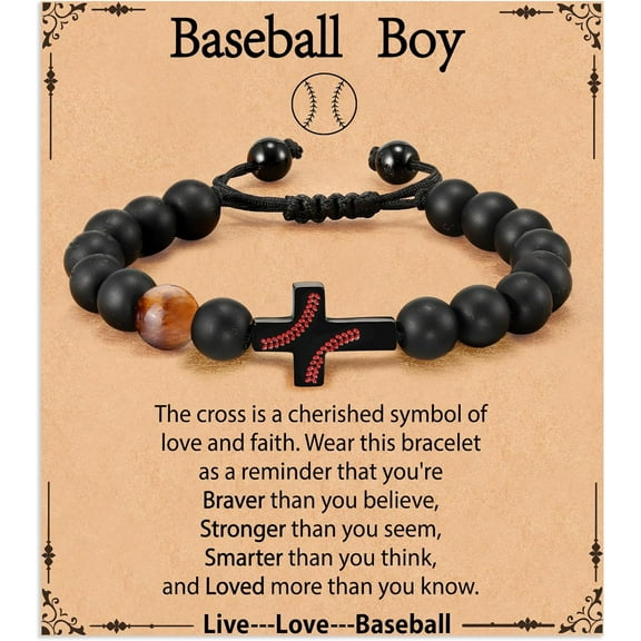 Baseball/Football/Soccer/Basketball Cross Bracelet Gifts for Man, Natural Beaded Bracelet Christian Religious Christmas Valentines Graduation Jewelry Gifts for Son Grandson