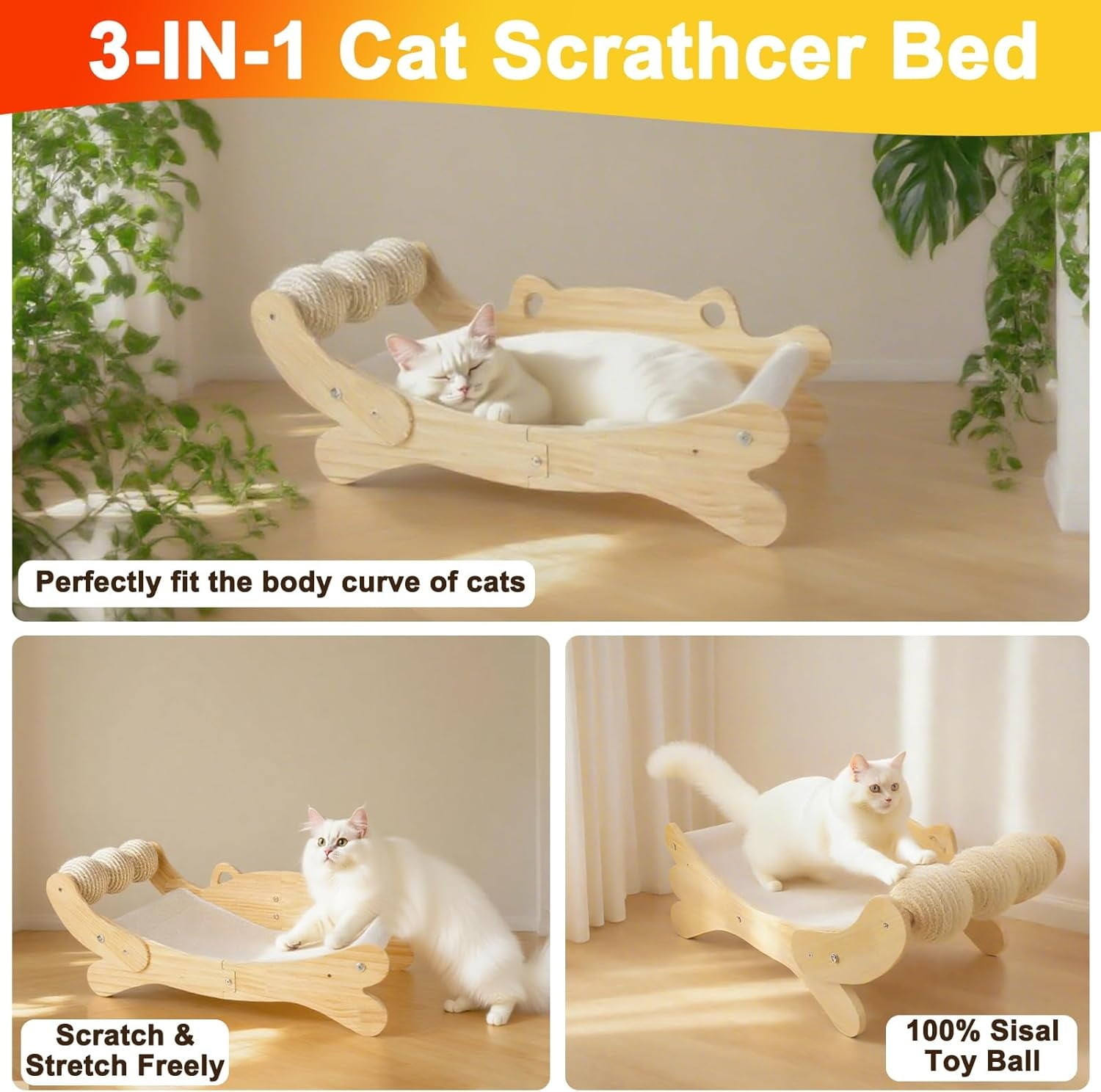AuroVyxx Pet furniture,Cat Scratcher Bed for Indoor Cats 3-in-1 Scratching Post & Hammock Lounge with Solid Wooden Perch (Easy Assembly)