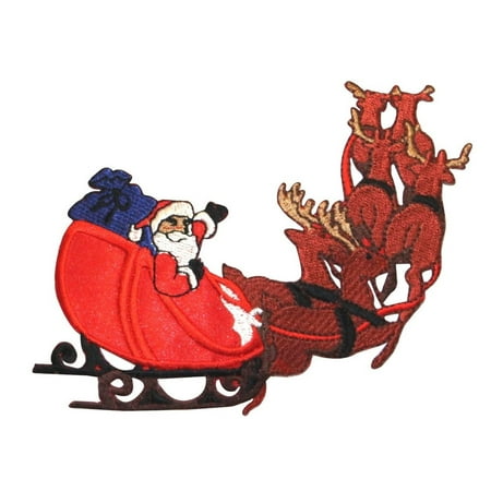 - ID 8031 Santa Sleigh and Reindeer Patch Christmas Embroidered Iron On Applique