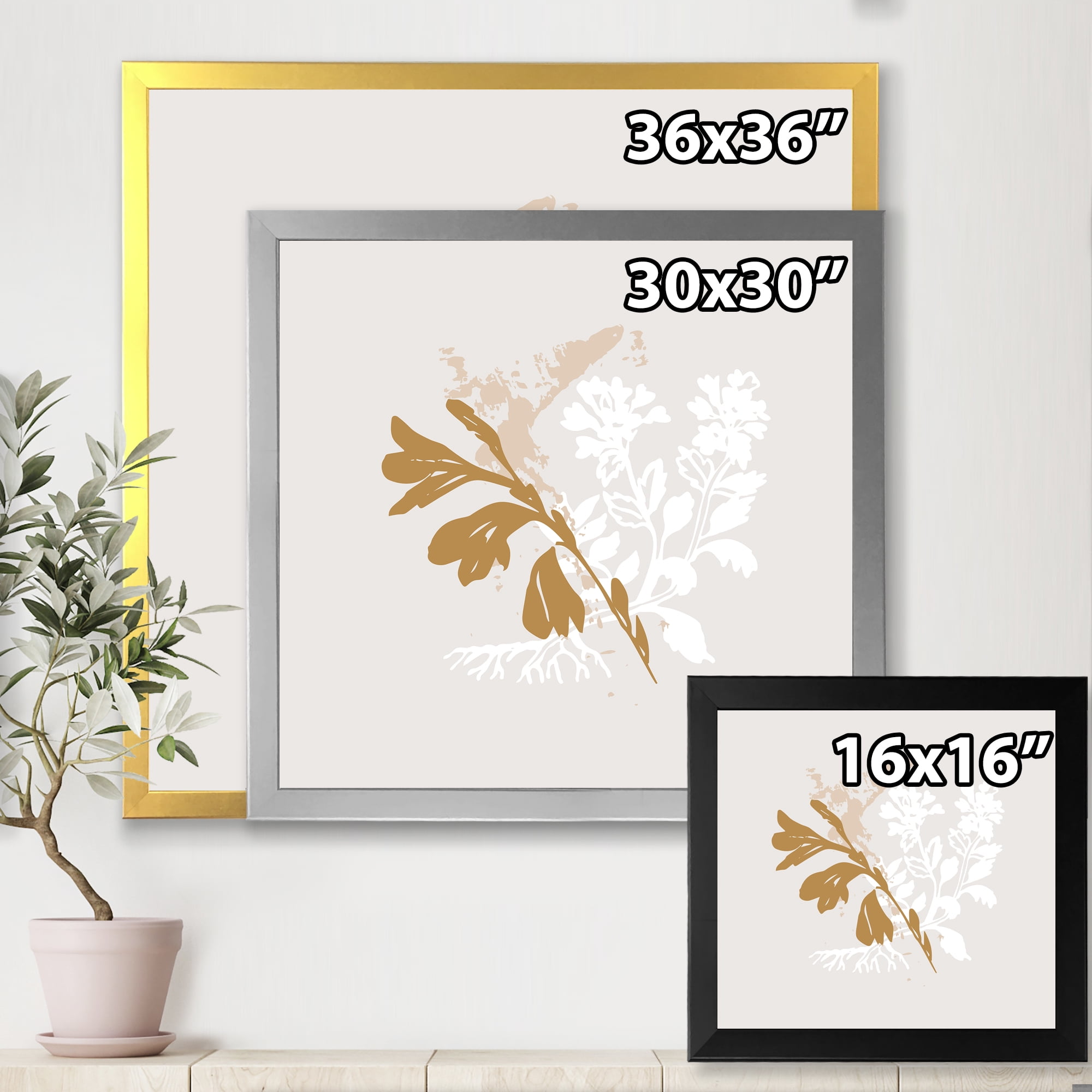 Designart 'Minimal Botanical Design In White and Brown' Traditional Framed Art Print