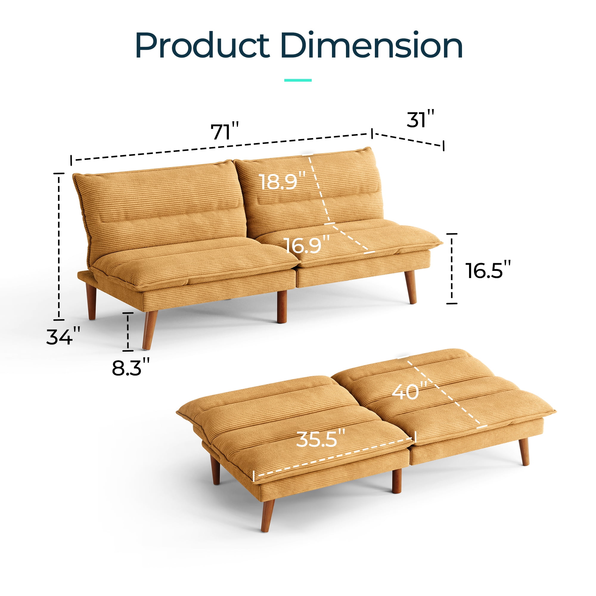 LINSY HOME Convertible Futon Sofa Bed, Convertiable Sofa Bed,  Corduroy Material Yellow