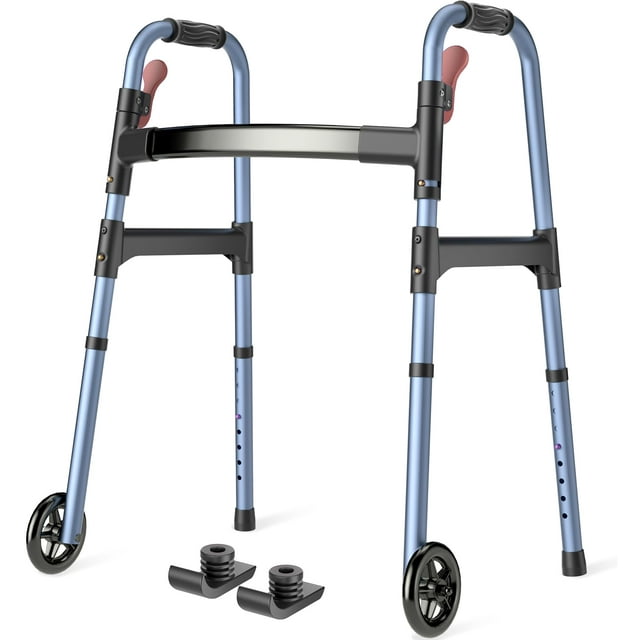 Andadores plegables HOMLAND para personas mayores con ruedas, ligeros, con ruedas, FSA/HSA, con altura ajustable y estructura de aluminio, color azul