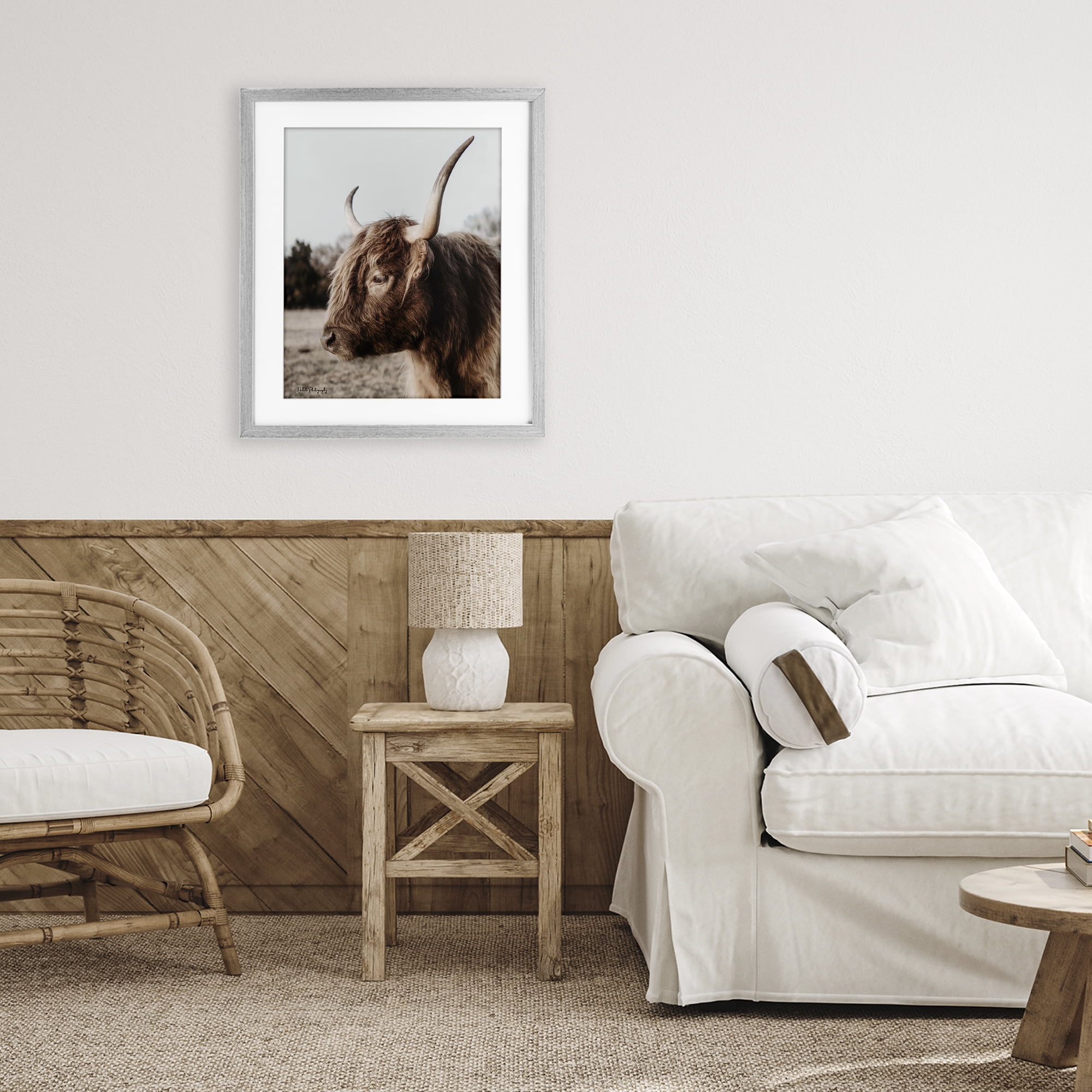 Stupell Industries Horned Cattle Peering Gray Framed Print Under Glass, design by Dakota Diener