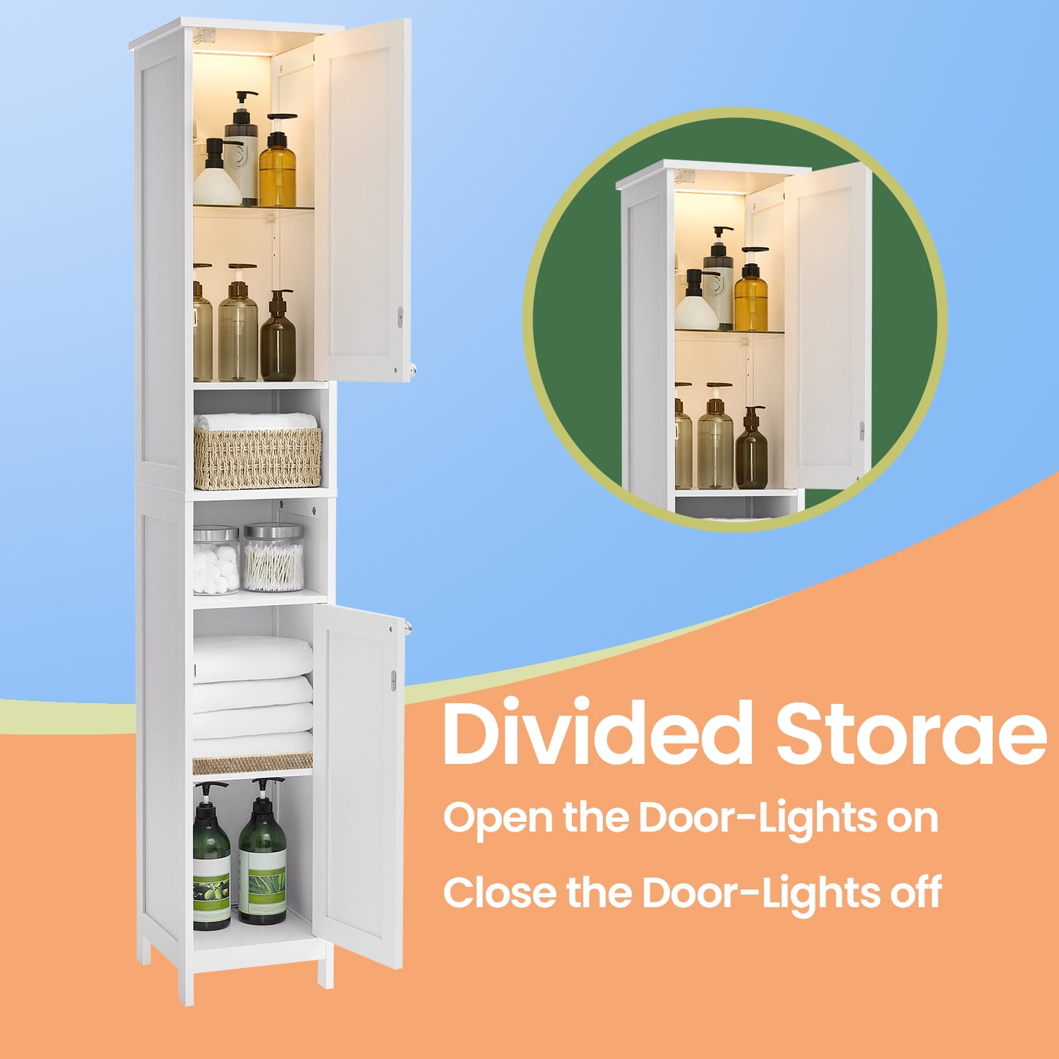 LEDREM Bathroom Storage Cabinet 67" Tall Narrow Wooden Freestanding Cabinet with Automatic Door Lights, Adjustable Shelves,White
