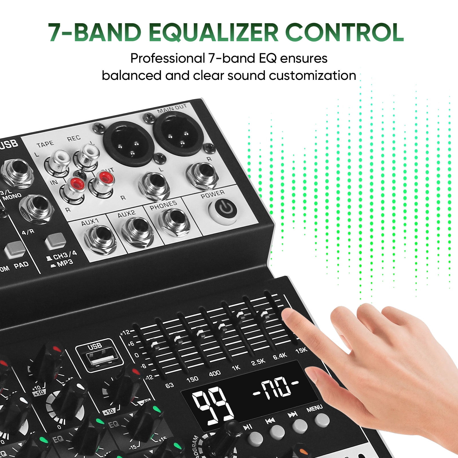 Audio Mixer 4 Channel Sound Mixer Console, Professional Music Mixing Board DJ Mixer w/ 99 DSP, 7-band EQ, USB, Bluetooth, 48V Phantom Power & PAD Function for Recording PA Live Live Streaming