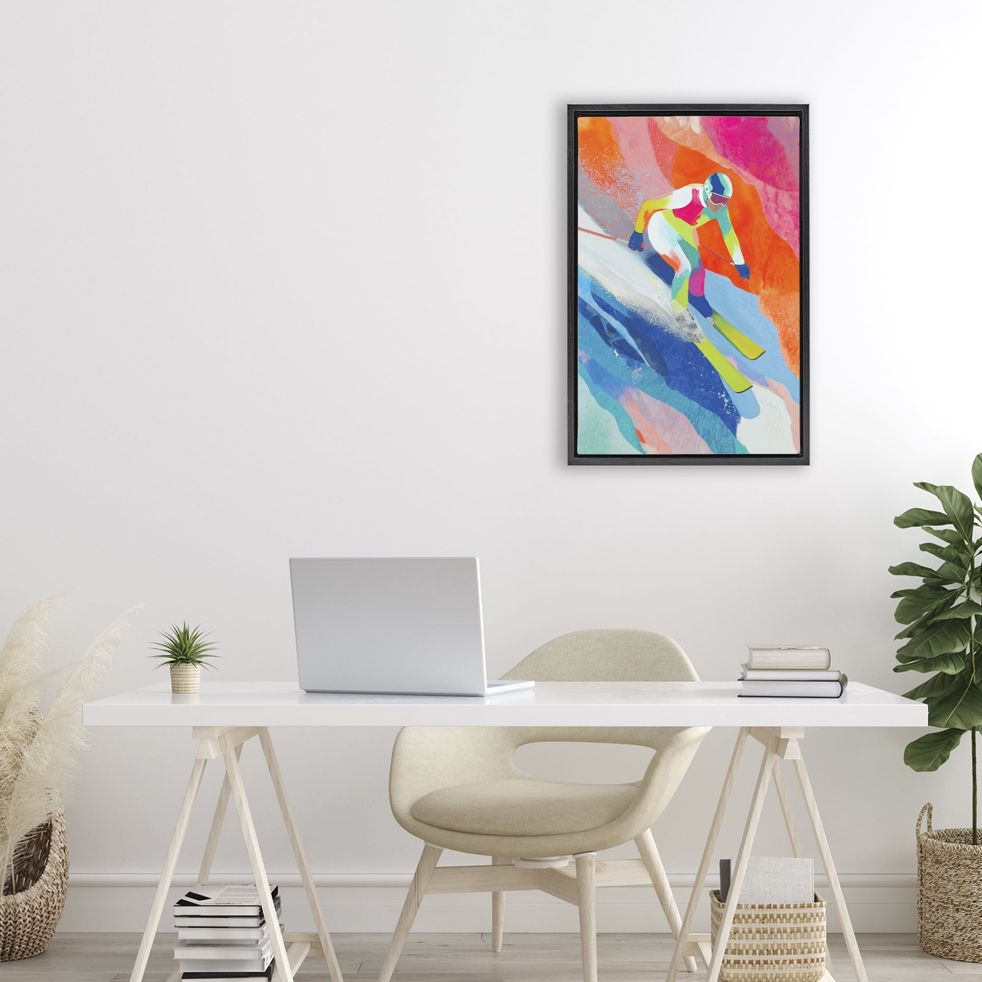 Stupell Industries Skiing Down Neon Slopes Black Framed Floater Canvas Wall Art, design by Chromatic Storm Studio