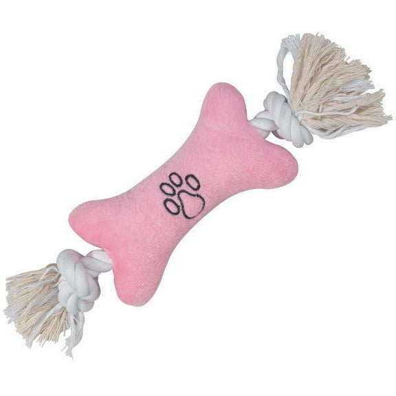 Tiny Tuggers Small Puppy Dog Toys Plush Squeak Bone Rope Pawprint 7" Pick Color (Pink)