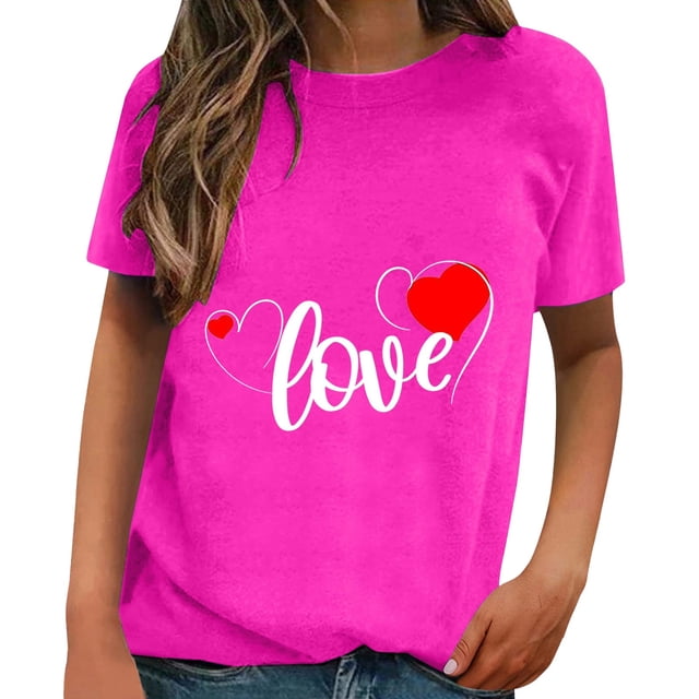 WEAIXIMIUNG Womens T Shirts Fitted V Neck Valentine's Day Short Sleeved Spring Summer All Printed Pattern Loose Crewneck Top T Shirt