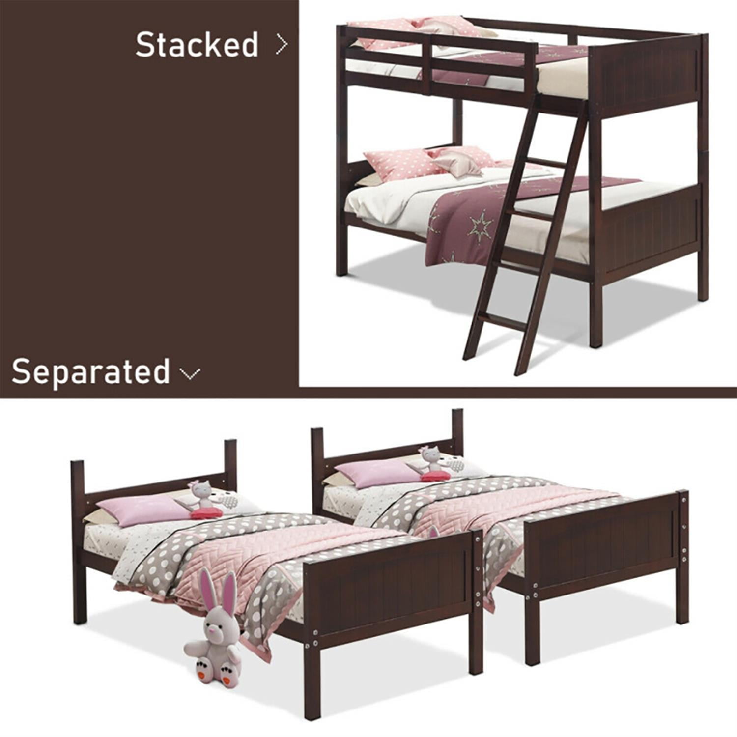 Demi Bonn Solid Wood Twin Over Twin Bunk Bed with Ladder, Twin Bunk Beds, Converts to 2 Individual Twin Beds, Brown