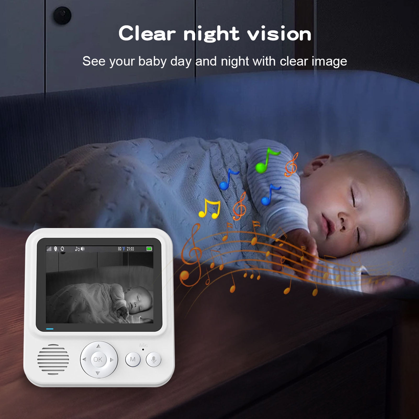 Suodoka 2.8 Inch / 7.1 cm Wireless Video Baby Monitor with Camera and Audio, 2-Way Talk, Night Vision, Temperature Sensor, Crying Detection, Built-in Battery, Lullabies - UK Plug