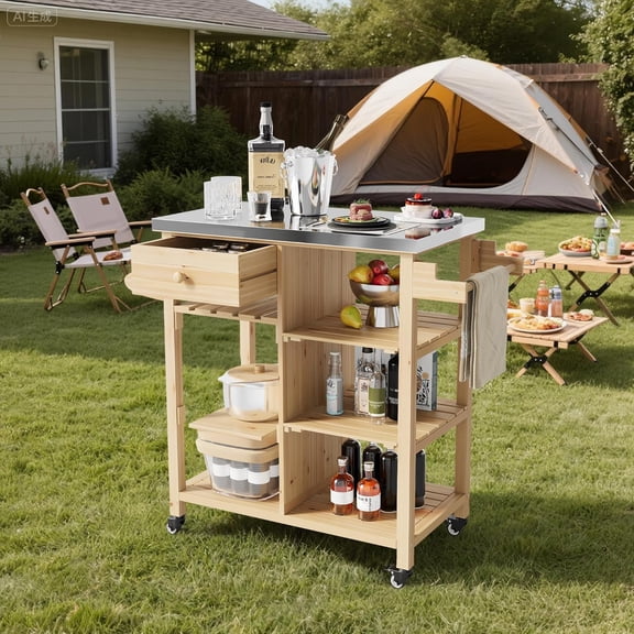 Solid Wood Outdoor Grill Cart Storage Cabinet with Stainless Steel Table Top, Solid Wood Patio Bar Table with Lockable Wheels Outdoor Kitchen Island for Patio, Garden, Porch, Balcony