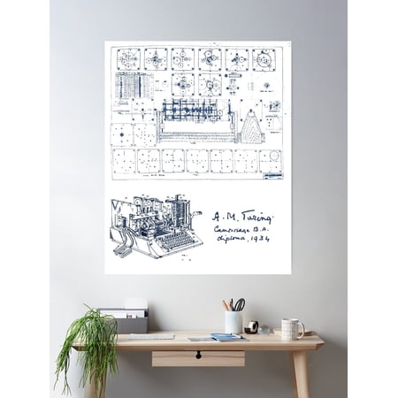 Alan Turing Machine Blueprint Poster Wall Art, Modern Wall Decor For Living Room Bedroom, 12x18 UNFRAMED