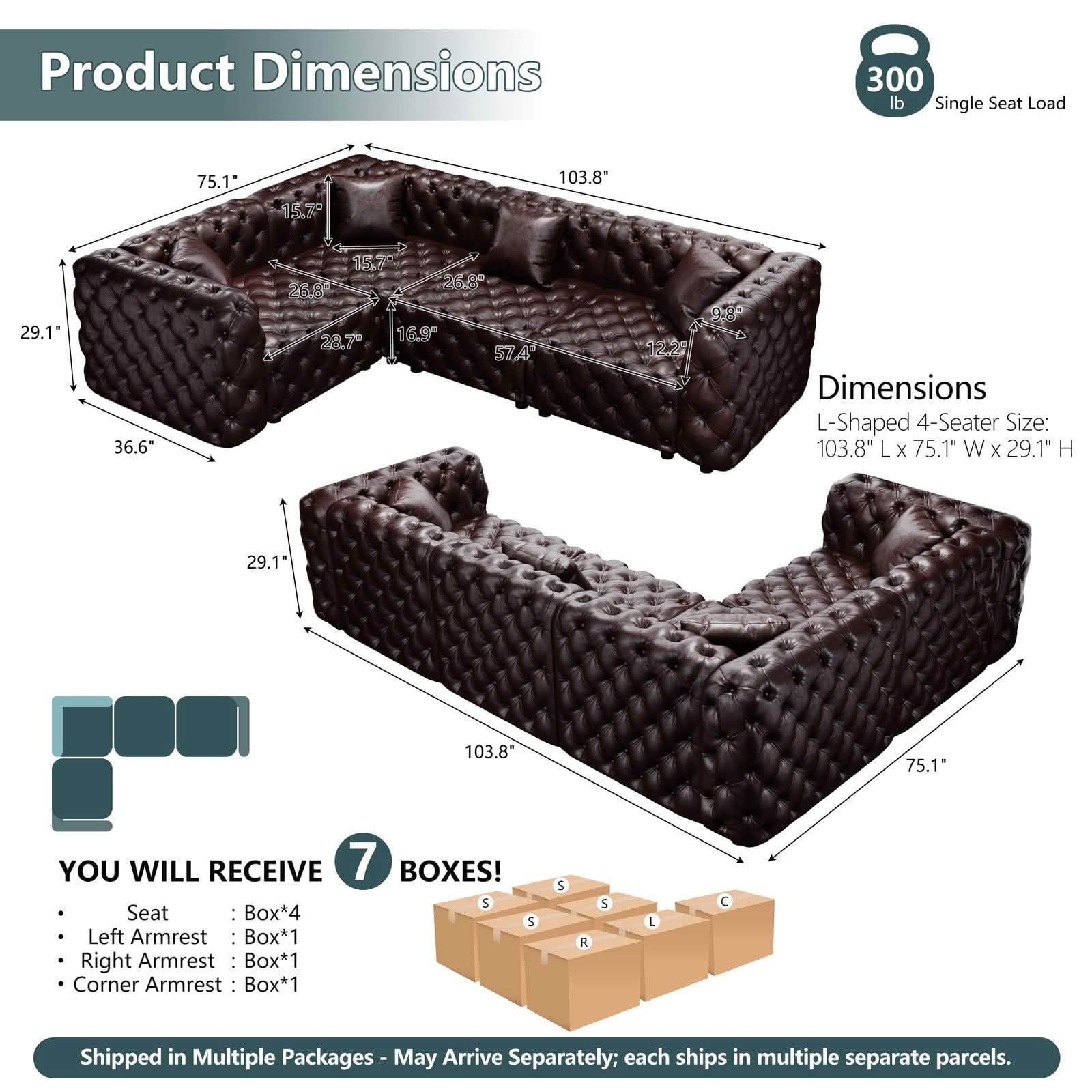 MAYEERTY 103.8" L‑Shaped 4‑Seat Faux‑Leather Modular Sofa, Handcrafted Button Tufted Couch with 4 Pillows for Living Room & Small Apartment