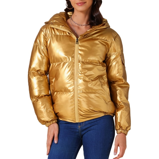 Chaquetas de invierno acolchadas con capucha y bolsillos brillantes para mujer Allegra K 2XL dorado