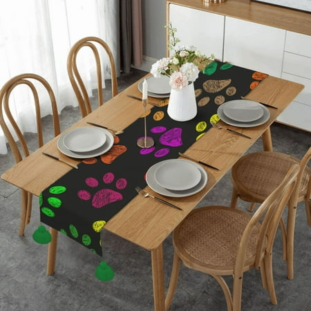 

Colorful Dog Paws Rainbow Cute Pet Animal Table Runner Imitation Linen Table Runner With Green Tassels For Party And Dining Room 14 x 60