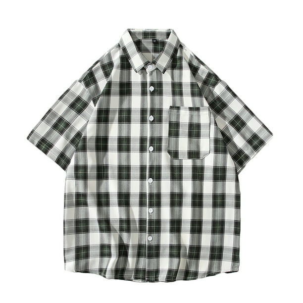 Mens Manga Corta Botón Abajo Camisas Cuadrado Gira-Abajo Cuello Casual Blusa, Camisas de Hombre Casual