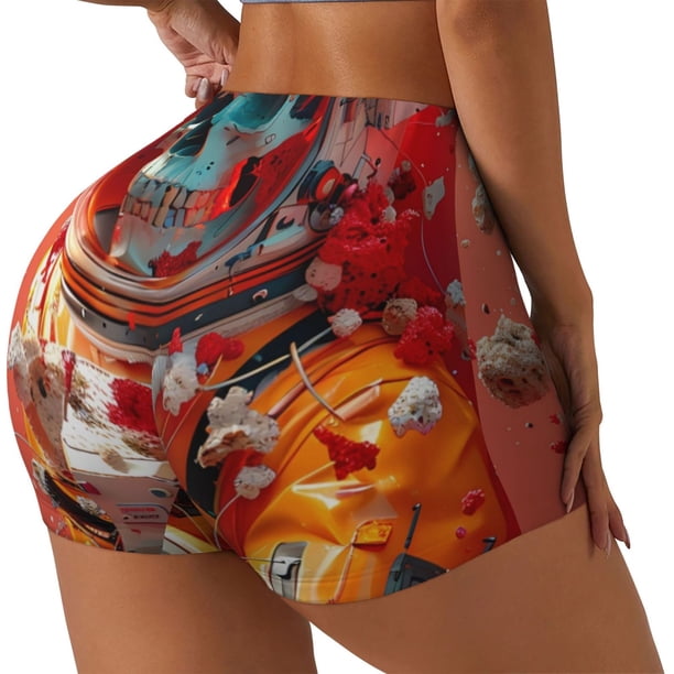 Balery Space Skeleton Art Pantalones cortos de entrenamiento estampados para mujer, sin costuras, ajustados, para gimnasio, yoga, correr, deportes, ejercicio activo, fitness.-Large