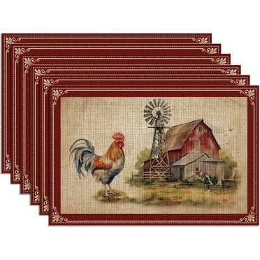 6pcs Rooster Farmhouse Placemats 17.7x35.4 Rectangle Table Mats Non-Slip Washable Linen Table Mat Animal Farm Table Placemat for Holiday Banquet Kitchen Dining Table Decoration DIY