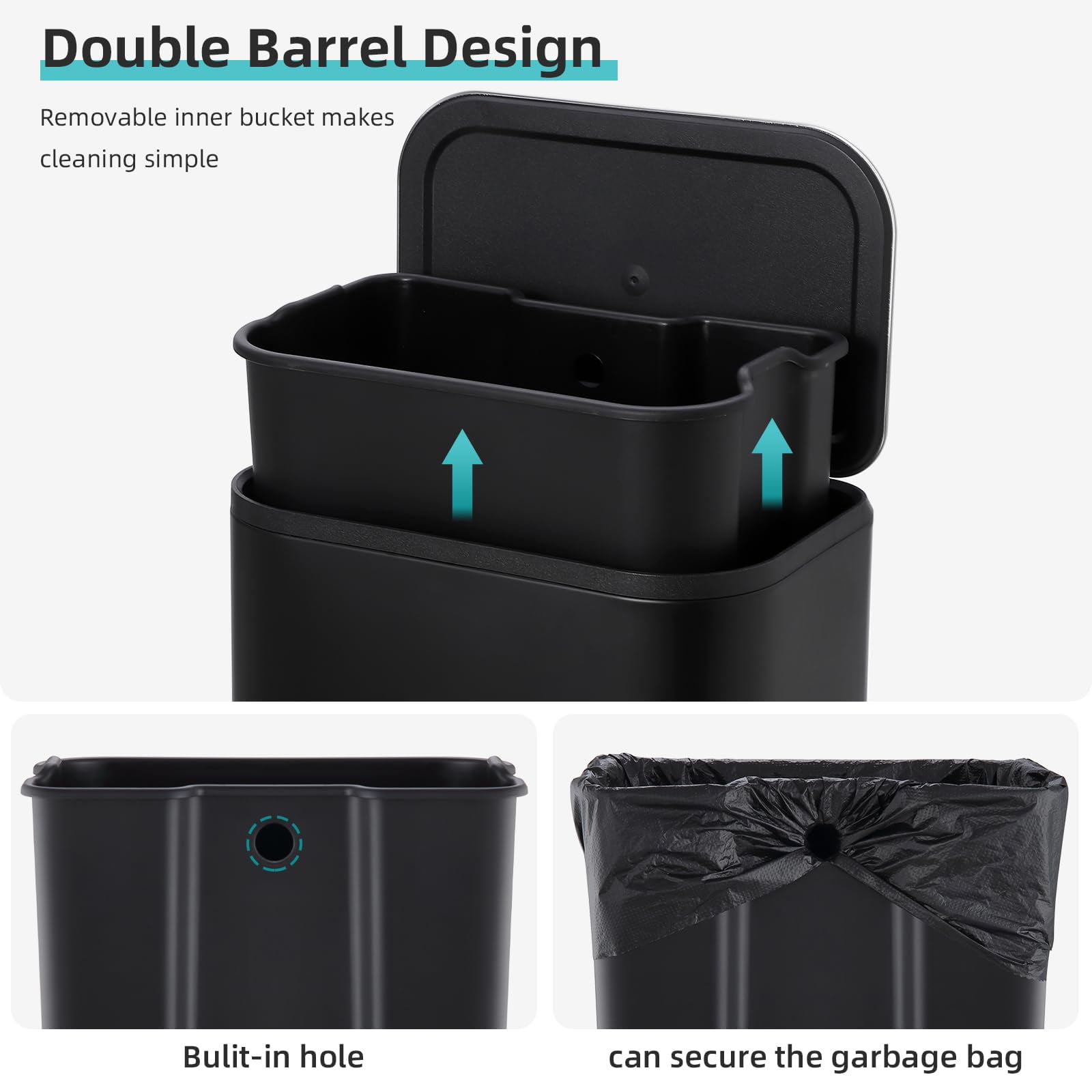 Bathroom Trash Can,3.2 Gallon / 12 Liter Stainless Steel Garbage Can with Lid,Small Rectangular Step Waste Bin with Foot Pedal & Removable Inner Bucket for Kitchen Home Office Bedroom Living Room