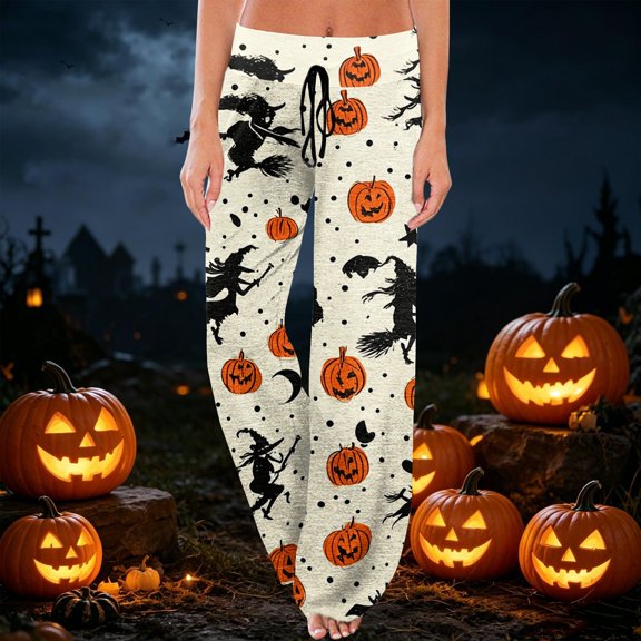 Halloween Pumpkin & Spider Print Wide Leg Pants for Women, 1-Pc Drawstring Loose Palazzo Trousers — Soft Breathable Lounge Bottoms & Halloween Pajama Pants Complexion L