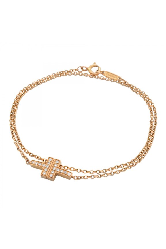 Pre-Owned Tiffany & Co. T TWO Double Chain Bracelet, 18K Pink Gold, Diamond, Women's, OP011381