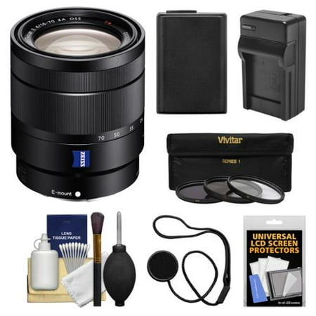 Sony Alpha E-Mount Vario-Tessar T* 16-70mm f/4.0 ZA OSS Zoom Lens + Battery + Charger + 3 Filters Kit for A7, A7R, A7S Mark II, A5100, A6000,