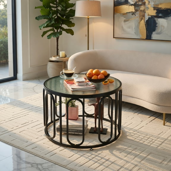 Resenkos Coffee Table,Center Table, Modern Sofa Table Tea Table,24 Inch Round Coffee Table with Reeded Tempered Glass Top and Oval Swivel Brackets-Black