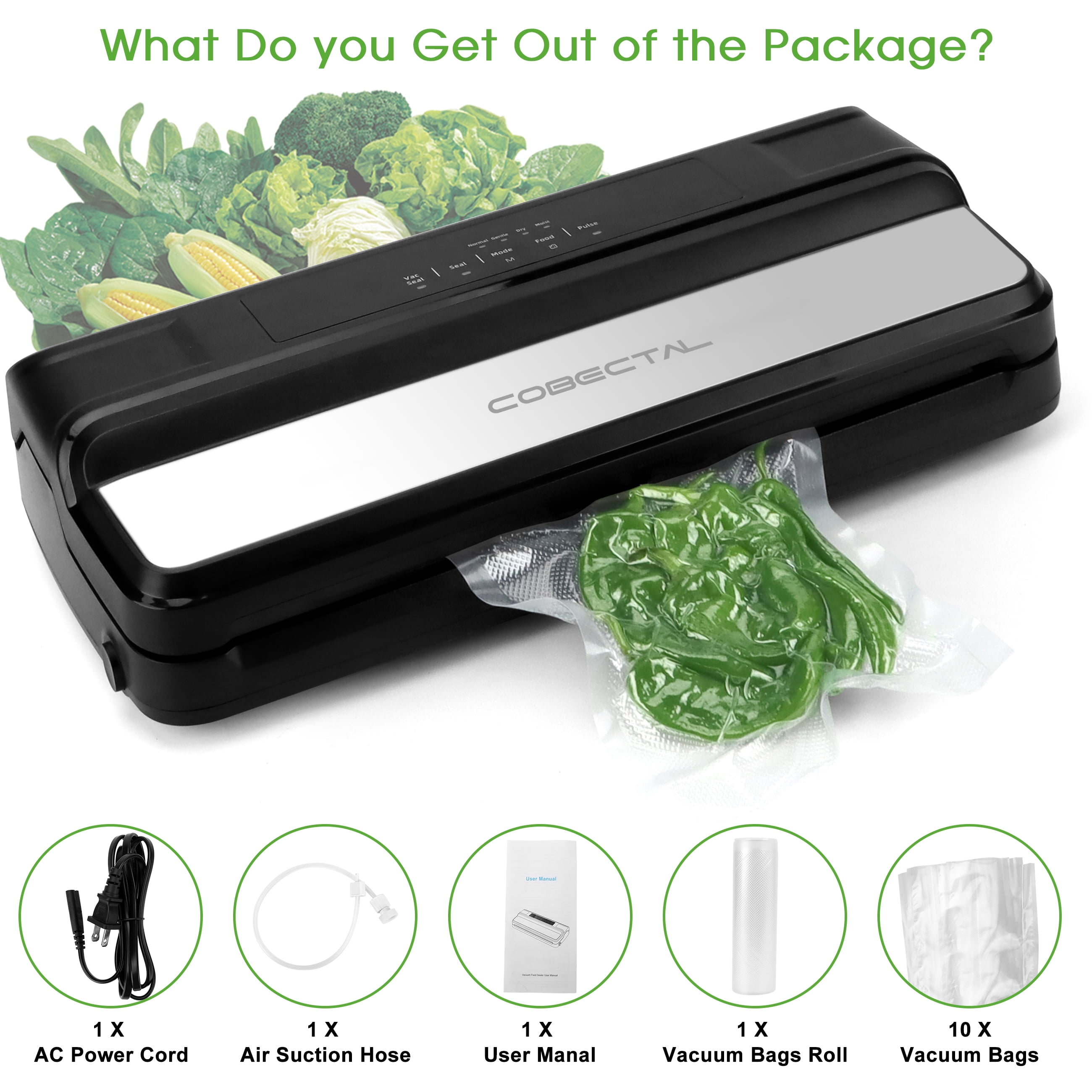 Cobectal Vacuum Sealer Food Machine with 1 Roll and 10Pcs Sealer Bags, Food Storage Saver for Dry & Moist Food