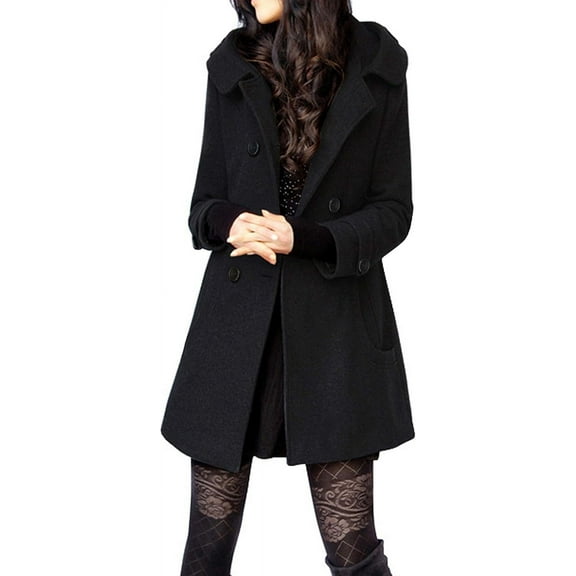 FUNING Women's Warm Double Breasted Wool Pea Coat Trench Coat Jacket with Hood