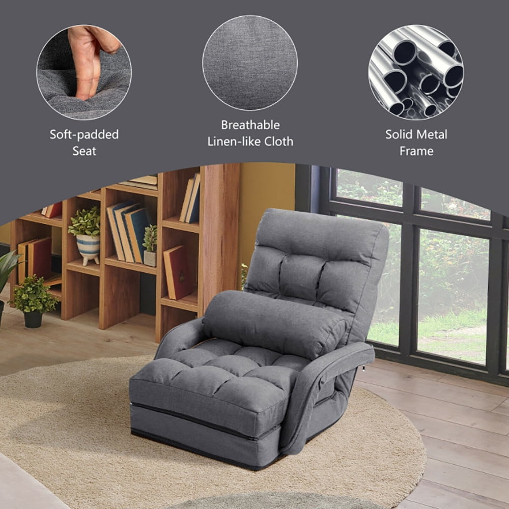 Finihen Folding Lazy Sofa Chair, Floor Chair, Folding Lazy Floor Chair Sofa with Armrests and Pillow, for Living Room, Bedroom, for Gaming, Reading, Gray