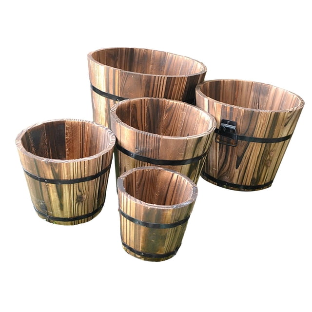 S SERENABLE 5 Pieces Wooden Barrel Planters (in Different Size) Home Office Decor Rustic