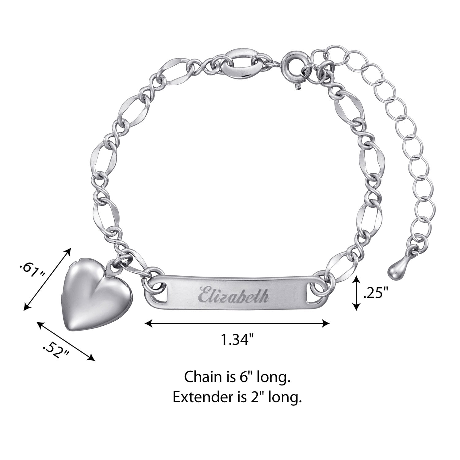 Personalized Planet Silver-Plated Girls' Heart Charm Bracelet, 6"+2" Ext ,Women's