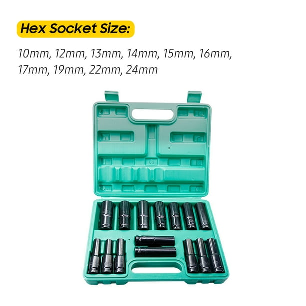 Socket 1 2Inch Drive Hex Impact Socket Set 15 Piece Deep Socket Metric Sizes 8 22mm Carbon Steel with Storage Box