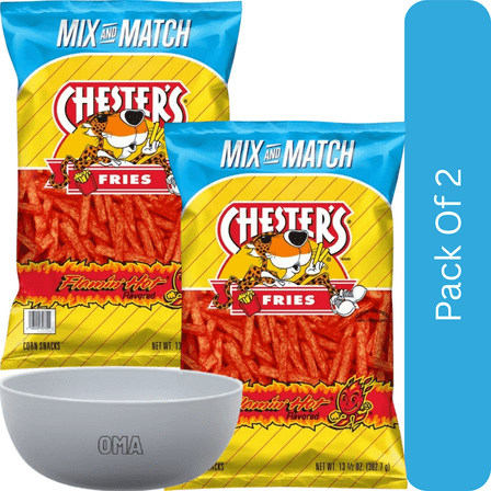 Chester’s Fries Flamin’ Hot Corn & Potato Snacks, 13.5 oz-2pk, With Olive White Bowl By OMA