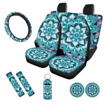 Uorisanigo Green Mandala 10 Pack Car Seat Covers Full Set with Comfortable Car Steering Wheel Cover Auto Water Cup Pad and Seat Belt Cover and Chapstick Holder Universal Fit for Cars,Suvs