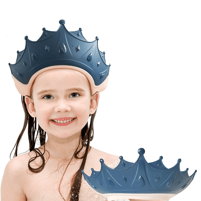 Adjustable Silicone Shower Cap for Kids, 0-9 Years Eye & Ear Protection Visor Hat, Adorable Crown Design for Fun Bath Time, blue