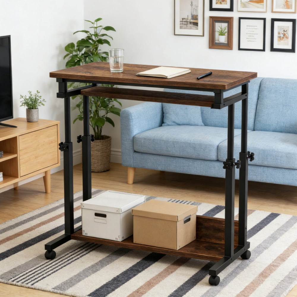 Computer Desk 43In Height Adjustable Rolling Standing Mobile Laptop Cart Small Spaces Students Dorms Home Office Ergonomic Lockable Wheels Hideaway Keyboard Tray Sturdy Tough Quality Workstation Unit