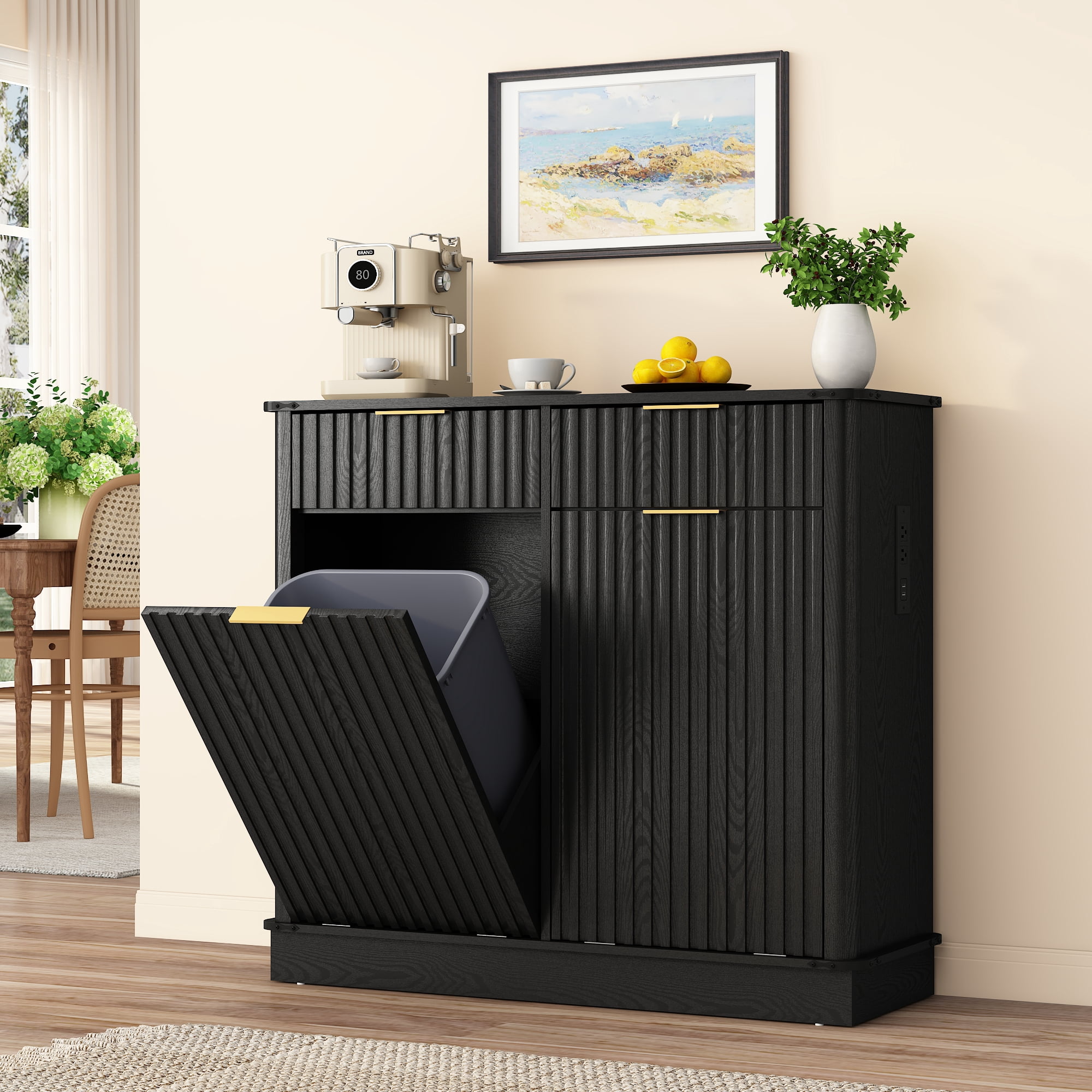 Blotout 20 Gallon Double Tilt-Out Trash Cabinet,Fluted Laundry Hamper Cabinet with 2 Drawers & Charging Station,Hidden Wooden Garbage Can Cabinet for Kitchen & Living Room