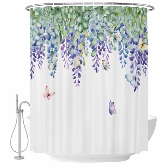 Wisteria Shower Curtain - Water Repellent Fabric Shower Curtains Washable, Purple Flowers Leaves Butterflies Botanical Spring Decorative Polyester Cloth Bathroom Curtains Modern Bath Decor 72"x78"